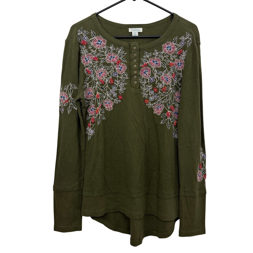 Sundance Top Womens Small Green Floral Embroider Henley Waffle Knit Long Sleeve